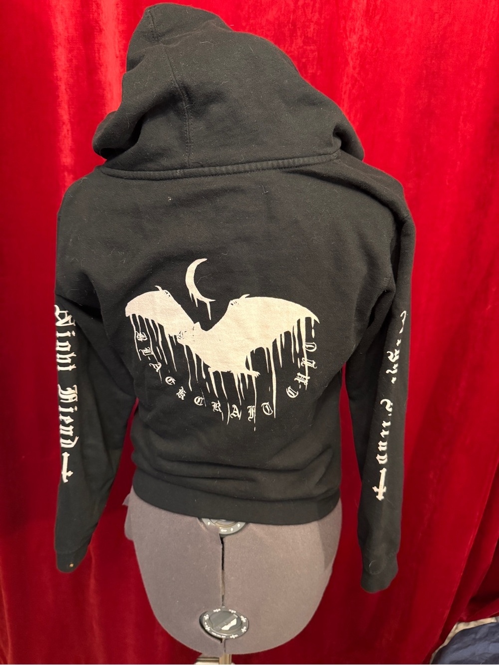 Black Kids M Graphic Hoodie Jacket with Dripping Bat and Moon Print